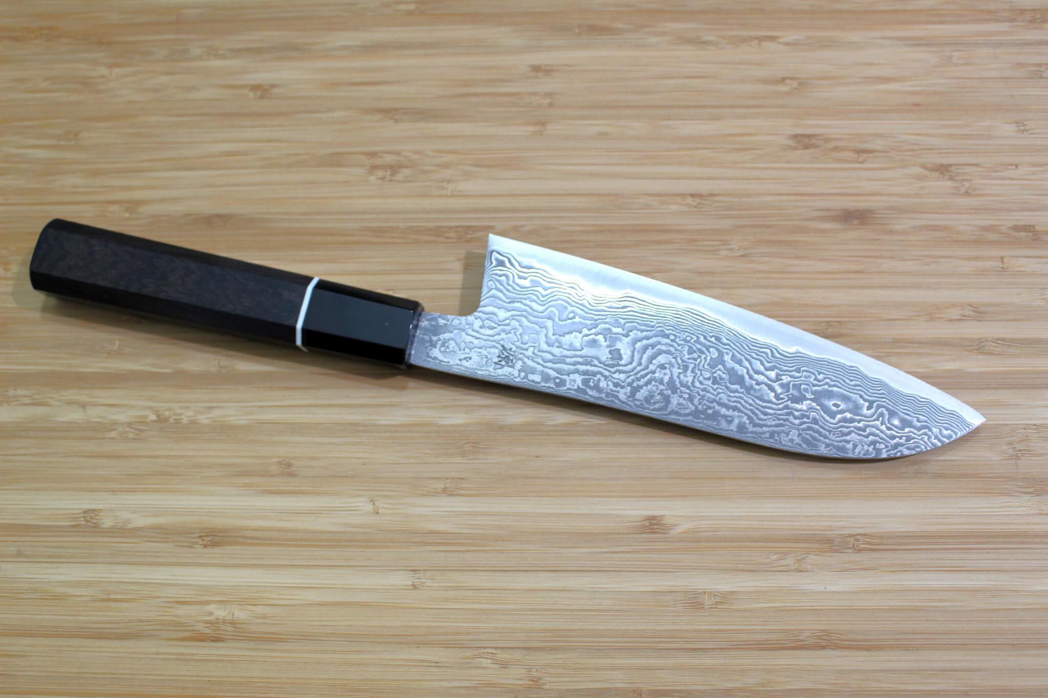Shigeki Tanaka Habakiri Damascus SG2 Steel Santoku with Ebony Handle Buffalo Ferrule 165mm / 6.5"