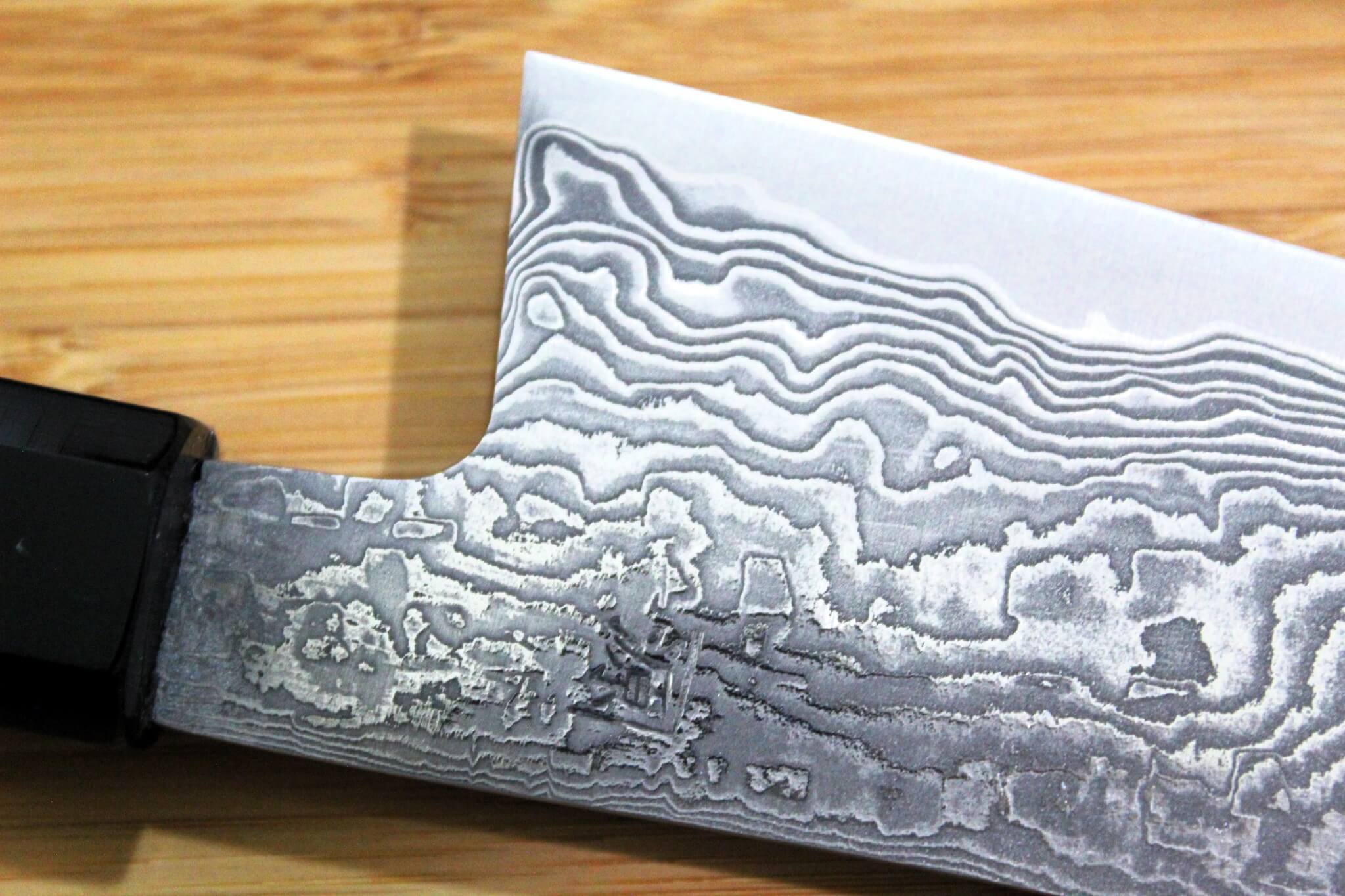 Shigeki Tanaka Habakiri Damascus SG2 Steel Santoku with Ebony Handle Buffalo Ferrule 165mm / 6.5"