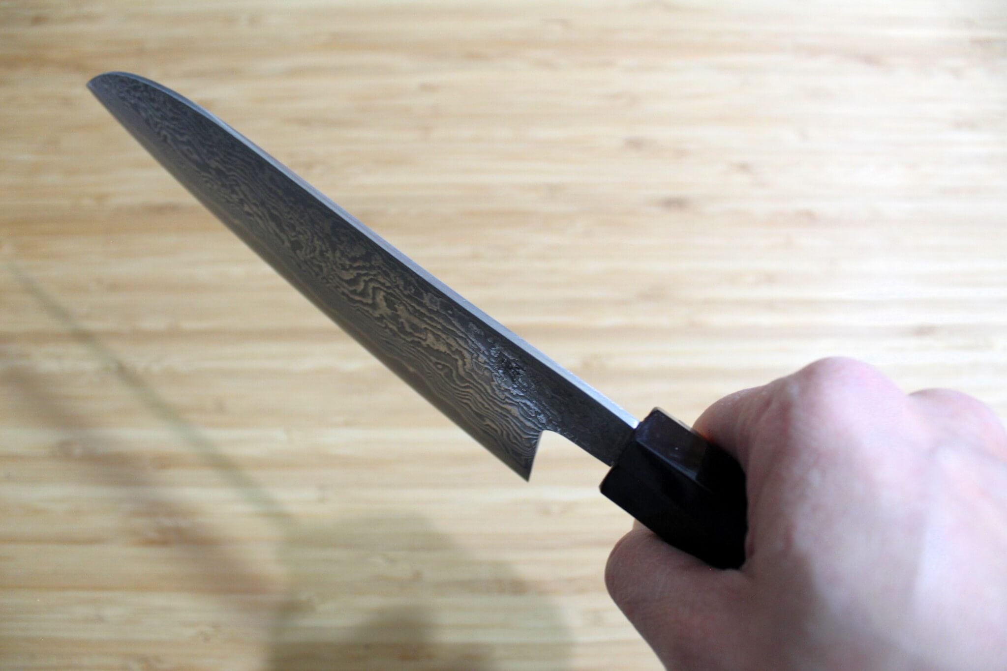Shigeki Tanaka Habakiri Damascus SG2 Steel Santoku with Ebony Handle Buffalo Ferrule 165mm / 6.5"