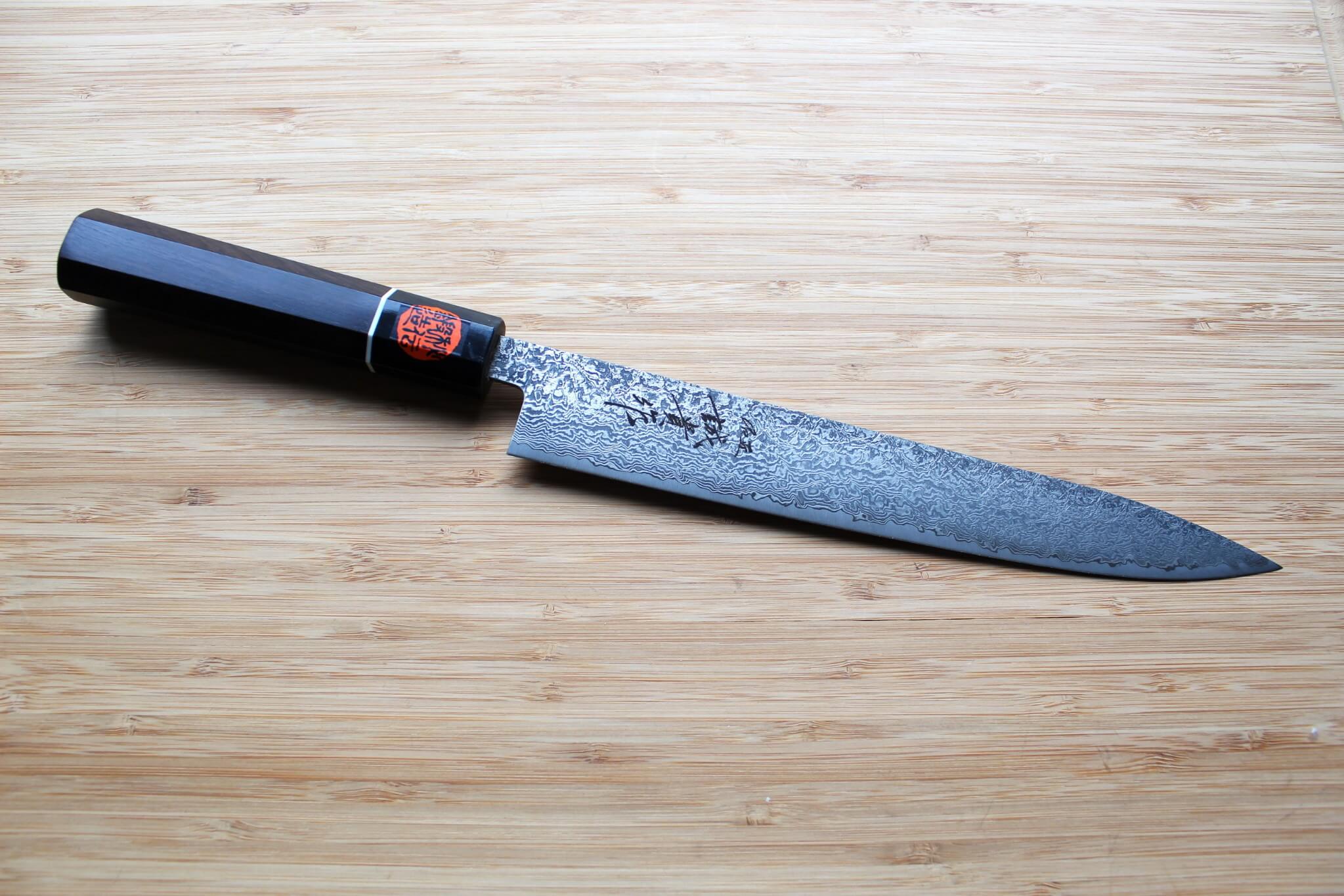 Shigeki Tanaka Habakiri Damascus SG2 Steel Sujihiki with Ebony Handle Buffalo Ferrule 240mm / 9.4"