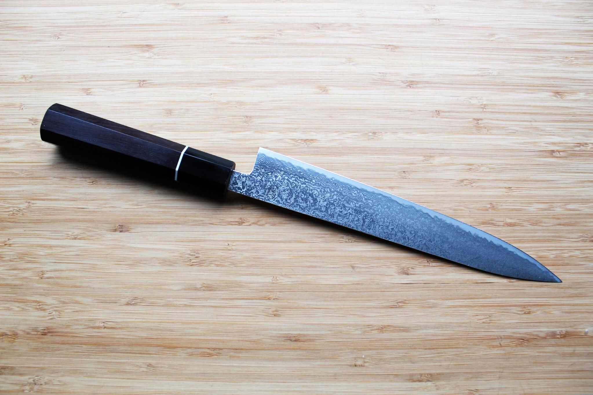 Shigeki Tanaka Habakiri Damascus SG2 Steel Sujihiki with Ebony Handle Buffalo Ferrule 240mm / 9.4"