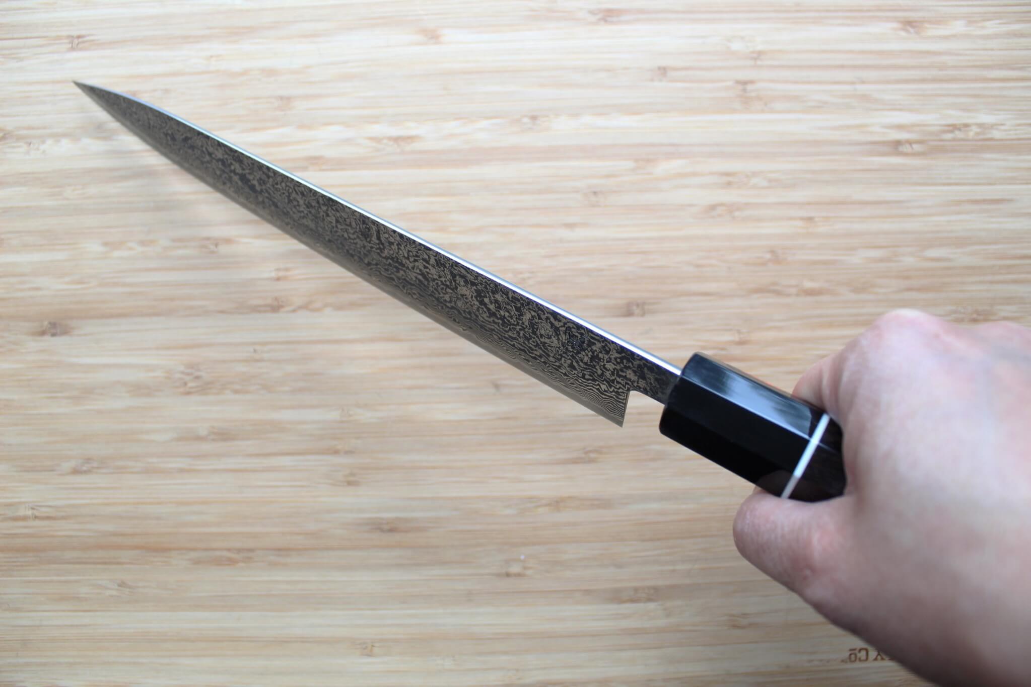 Shigeki Tanaka Habakiri Damascus SG2 Steel Sujihiki with Ebony Handle Buffalo Ferrule 240mm / 9.4"