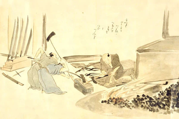 Artistic depiction of a Japanese blacksmith forging a knife