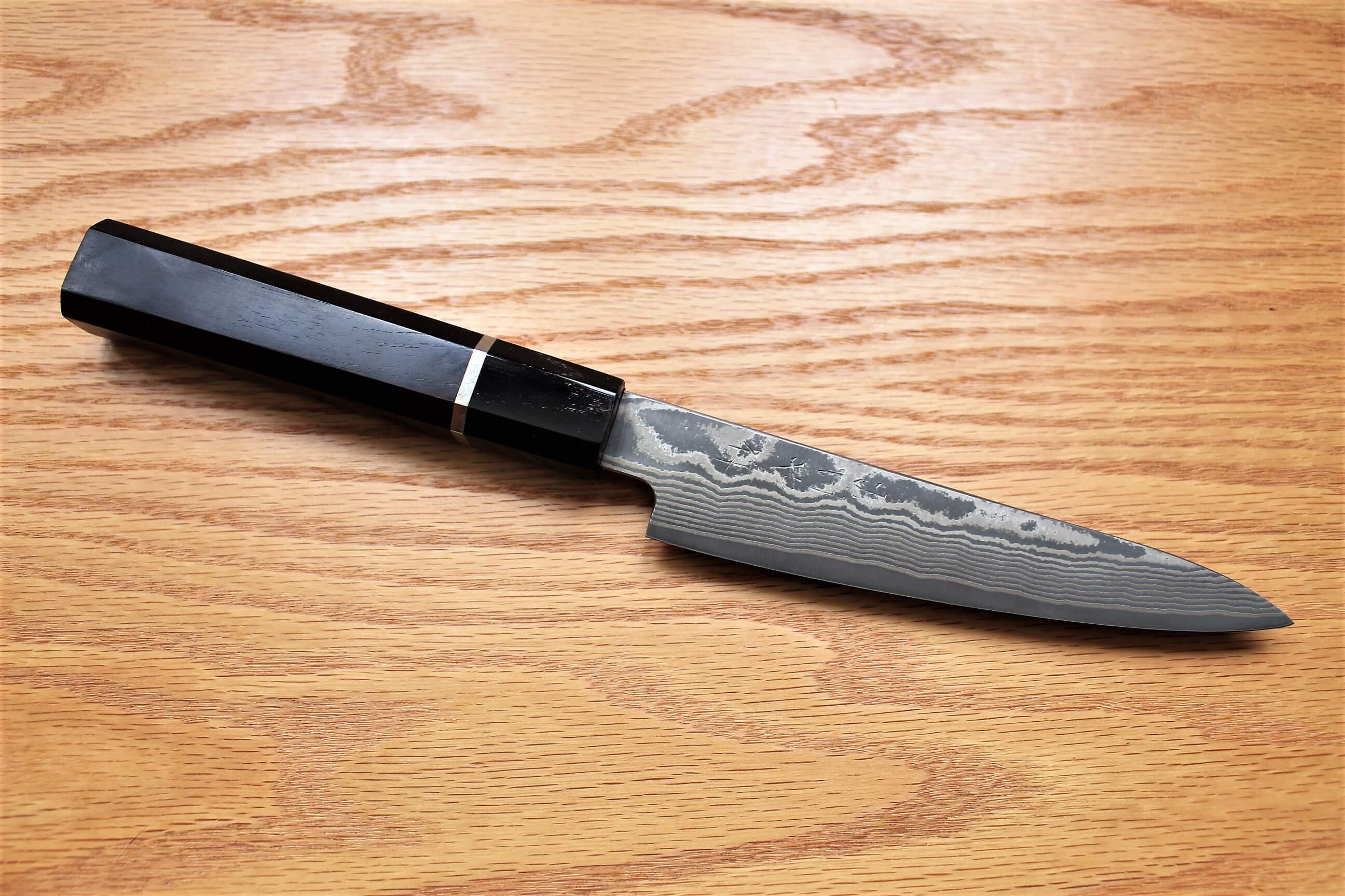 Kitchen Knives - Fujiwara Yasuhiko Kagerou Ginsan Nickle Damascus Petty With Ebony Handle Buffalo Ferrule 150mm / 5.9"