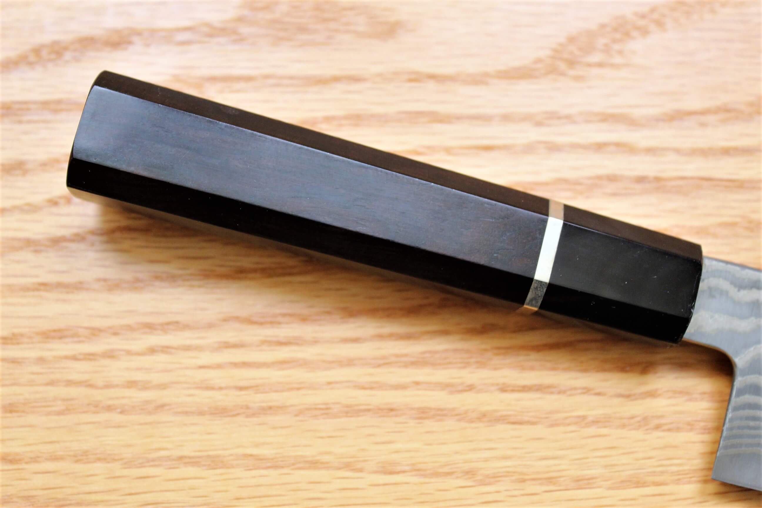 Kitchen Knives - Fujiwara Yasuhiko Kagerou Ginsan Nickle Damascus Petty With Ebony Handle Buffalo Ferrule 150mm / 5.9"