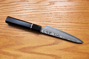 Kitchen Knives - Fujiwara Yasuhiko Kagerou Ginsan Nickle Damascus Petty With Ebony Handle Buffalo Ferrule 150mm / 5.9"