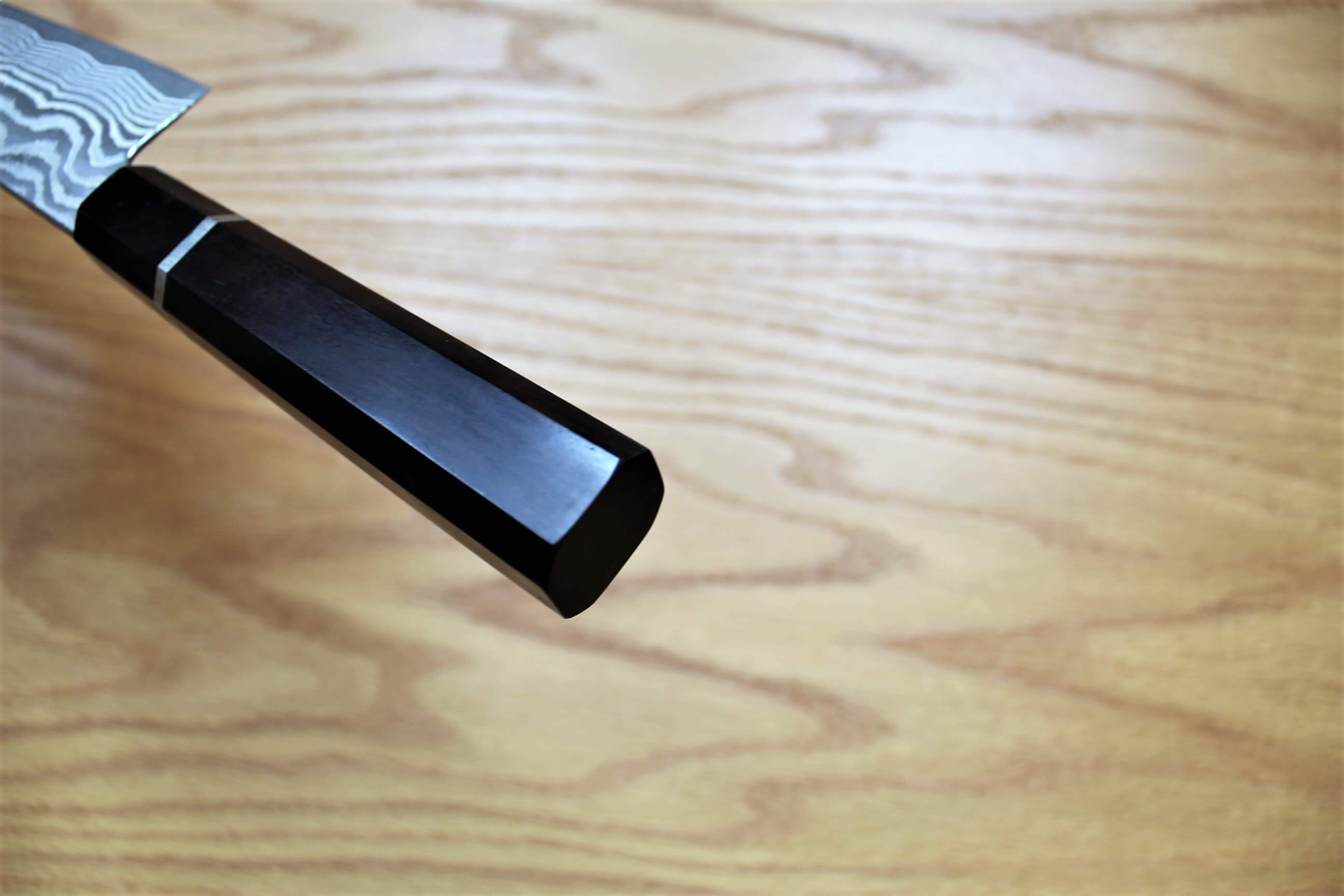 Kitchen Knives - Fujiwara Yasuhiko Kagerou Ginsan Nickle Damascus Petty With Ebony Handle Buffalo Ferrule 150mm / 5.9"