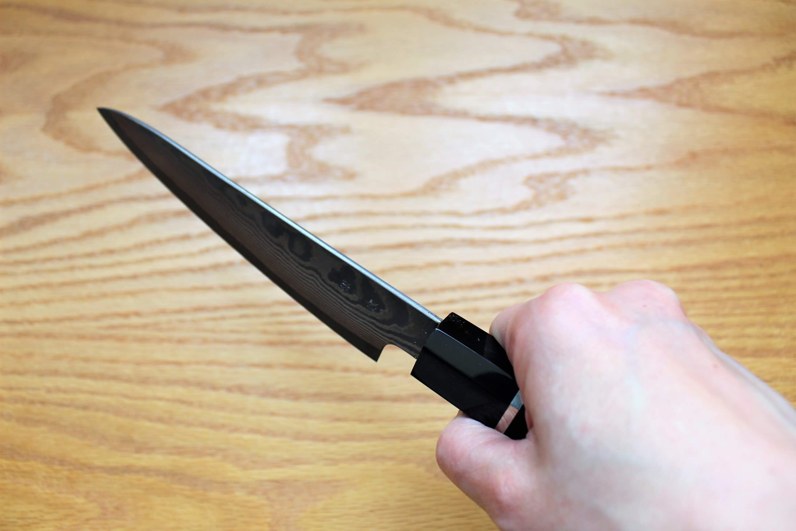 Kitchen Knives - Fujiwara Yasuhiko Kagerou Ginsan Nickle Damascus Petty With Ebony Handle Buffalo Ferrule 150mm / 5.9"