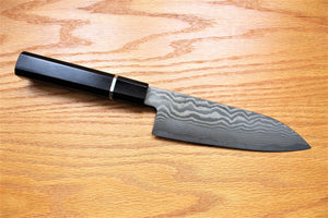 Kitchen Knives - Fujiwara Yasuhiko Kagerou Ginsan Nickle Damascus Santoku With Ebony Handle Buffalo Ferrule 165mm / 6.5"