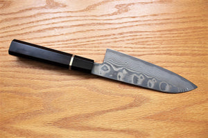 Kitchen Knives - Fujiwara Yasuhiko Kagerou Ginsan Nickle Damascus Santoku With Ebony Handle Buffalo Ferrule 165mm / 6.5"