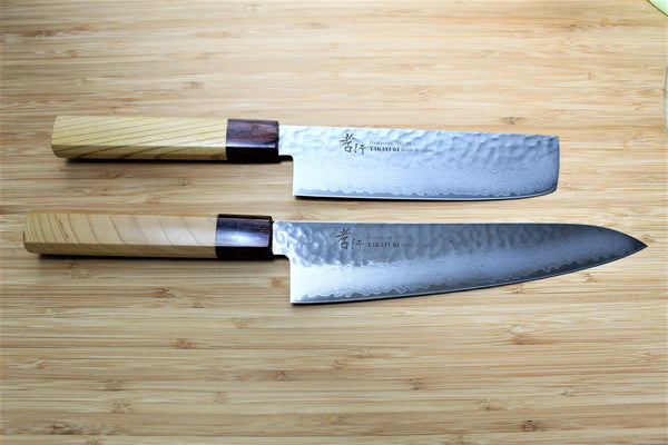 Japanese Knife Set Damascus 33 Layer Nakiri and Gyuto Chef Knife -  Hasu-Seizo