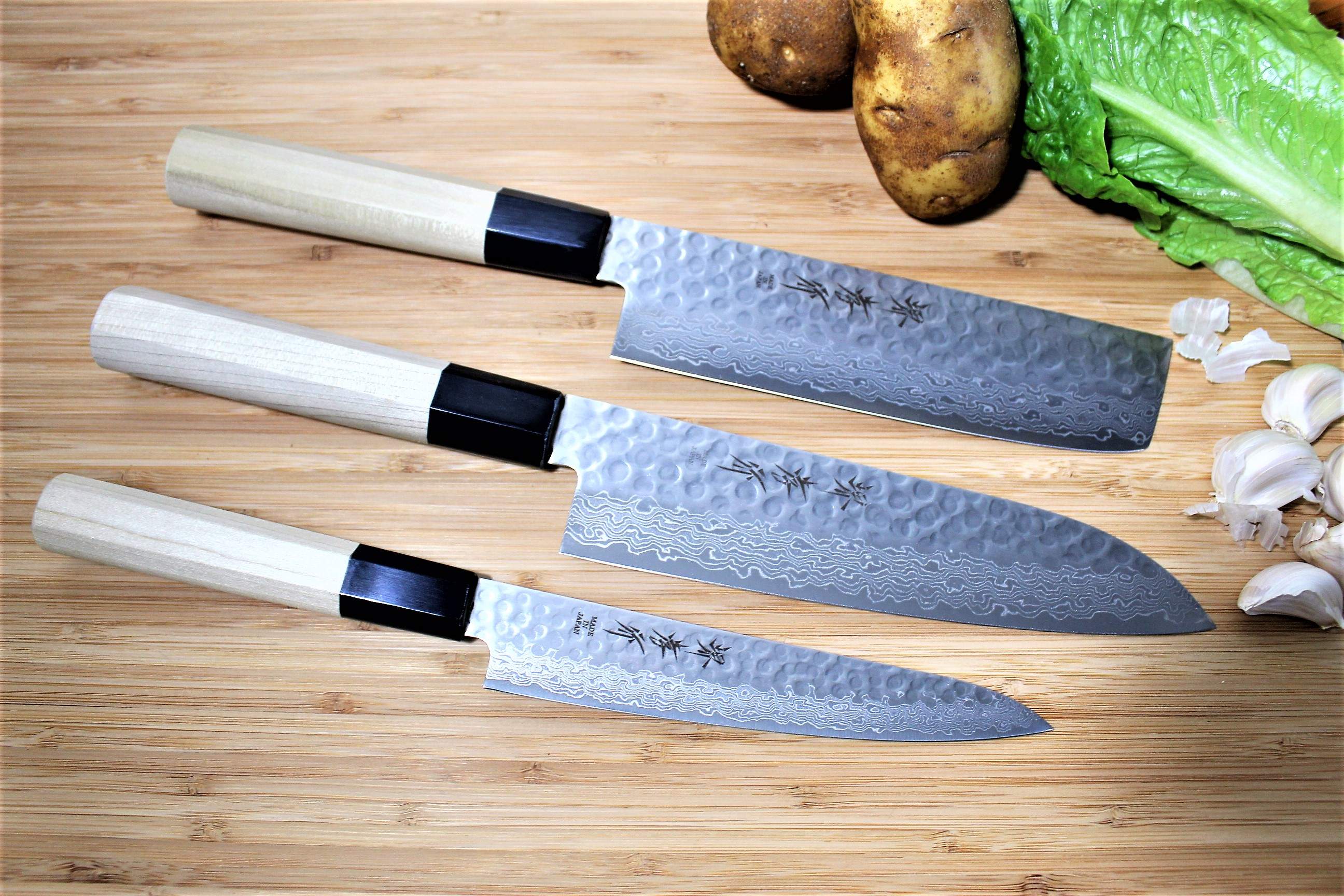 Handmade Japanese Knife Set of 3 Knives - AUS10 Steel Chef Knife, Santoku &  Nakiri