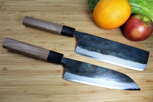 Kitchen Knives - Sakai Takayuki Japanese Knife Set Kurouchi Aoniko  / Blue Steel #2 Santoku Knife 170mm (6.7")  Nakiri Knife 170 Mm (6.7")