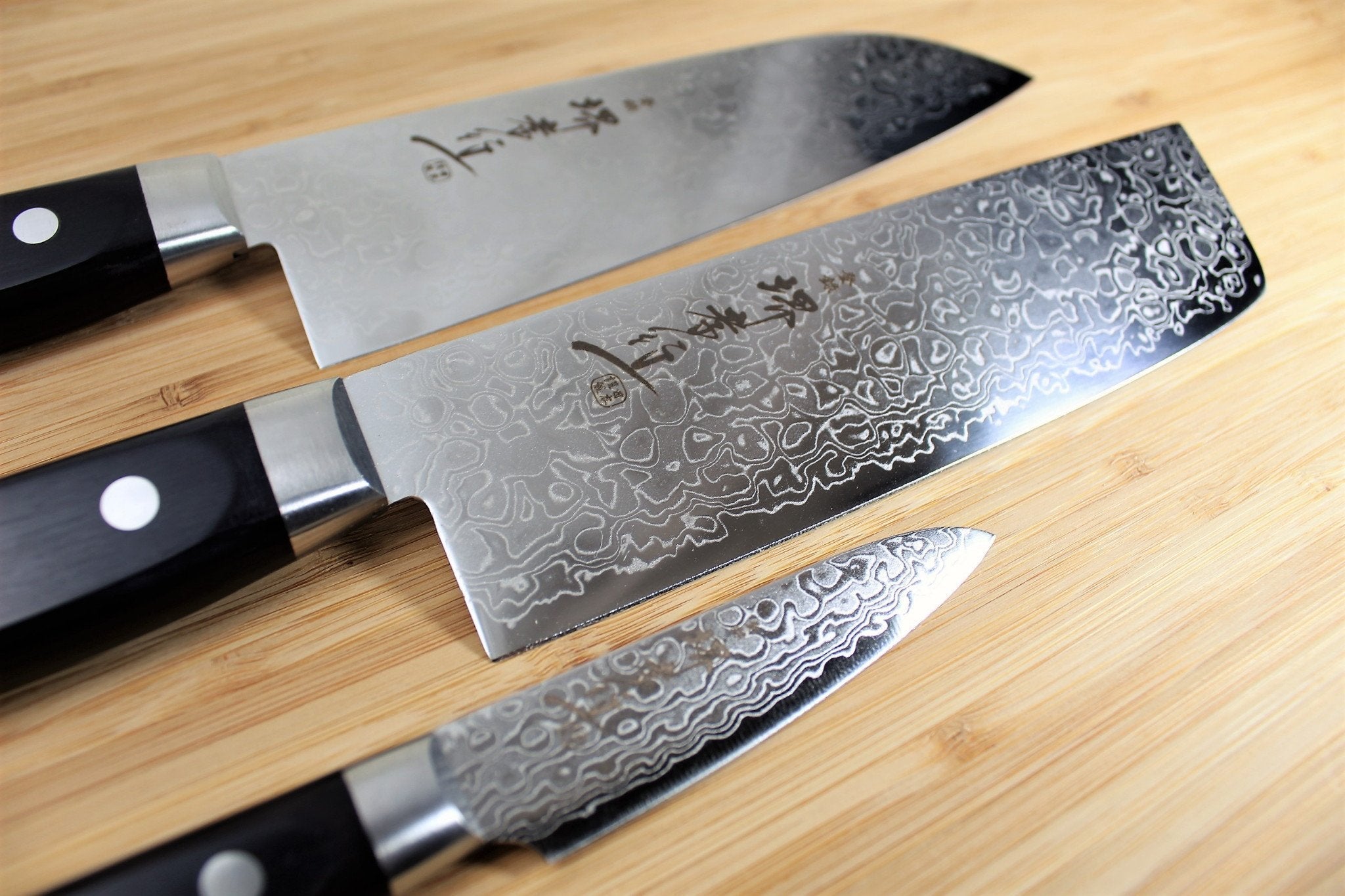 Kitchen Knives - Sakai Takayuki Japanese Knife Set Mirror Damascus 45 Layer Paring Knife 80 Mm (3.1")  Santoku Knife 170mm (6.7")  Nakiri Knife 160 Mm (6.3")