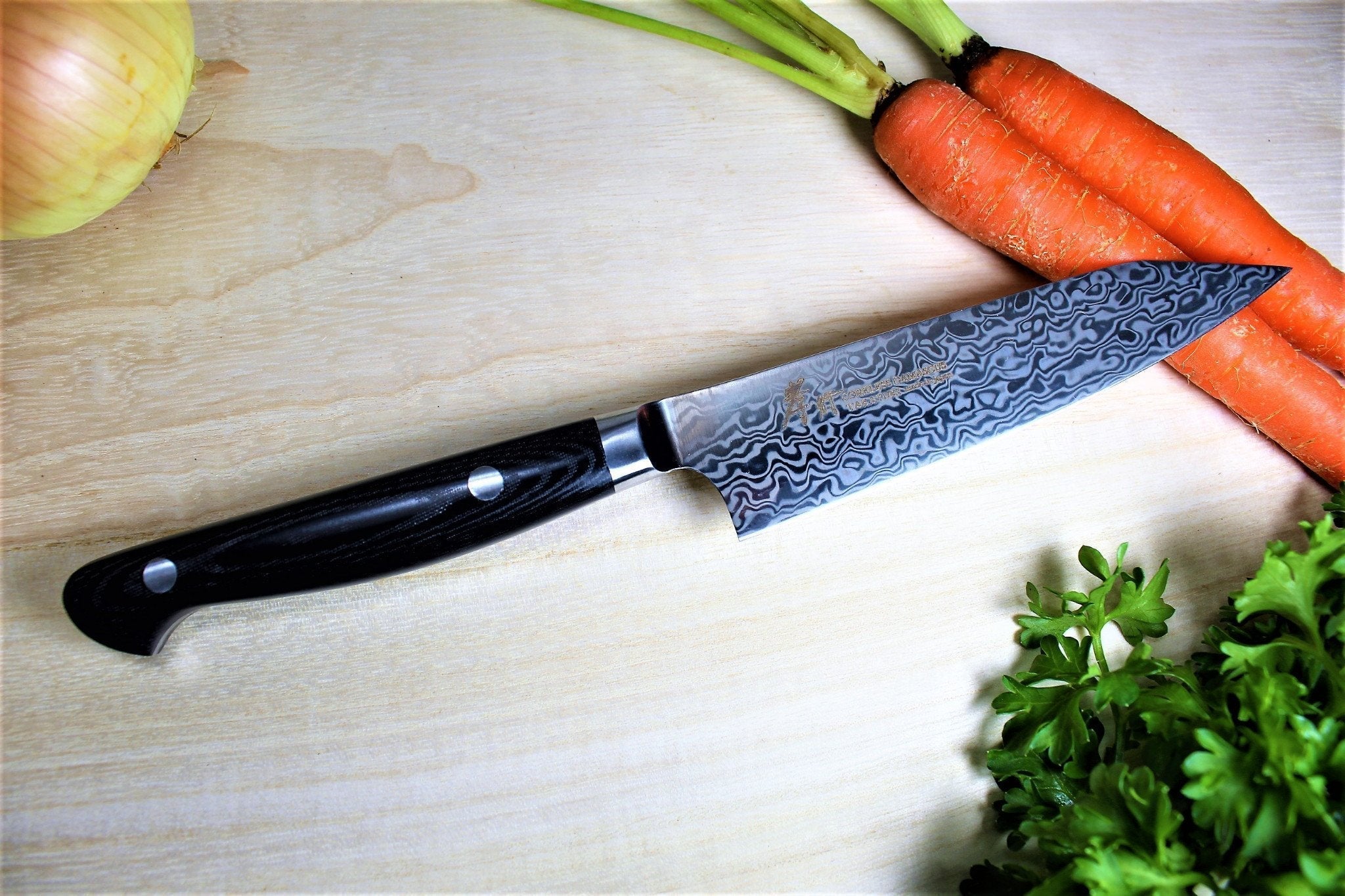 Kitchen Knives - Sakai Takayuki Kengata Petty Knife 120mm (4.7") VG10-VG2 Coreless Damascus