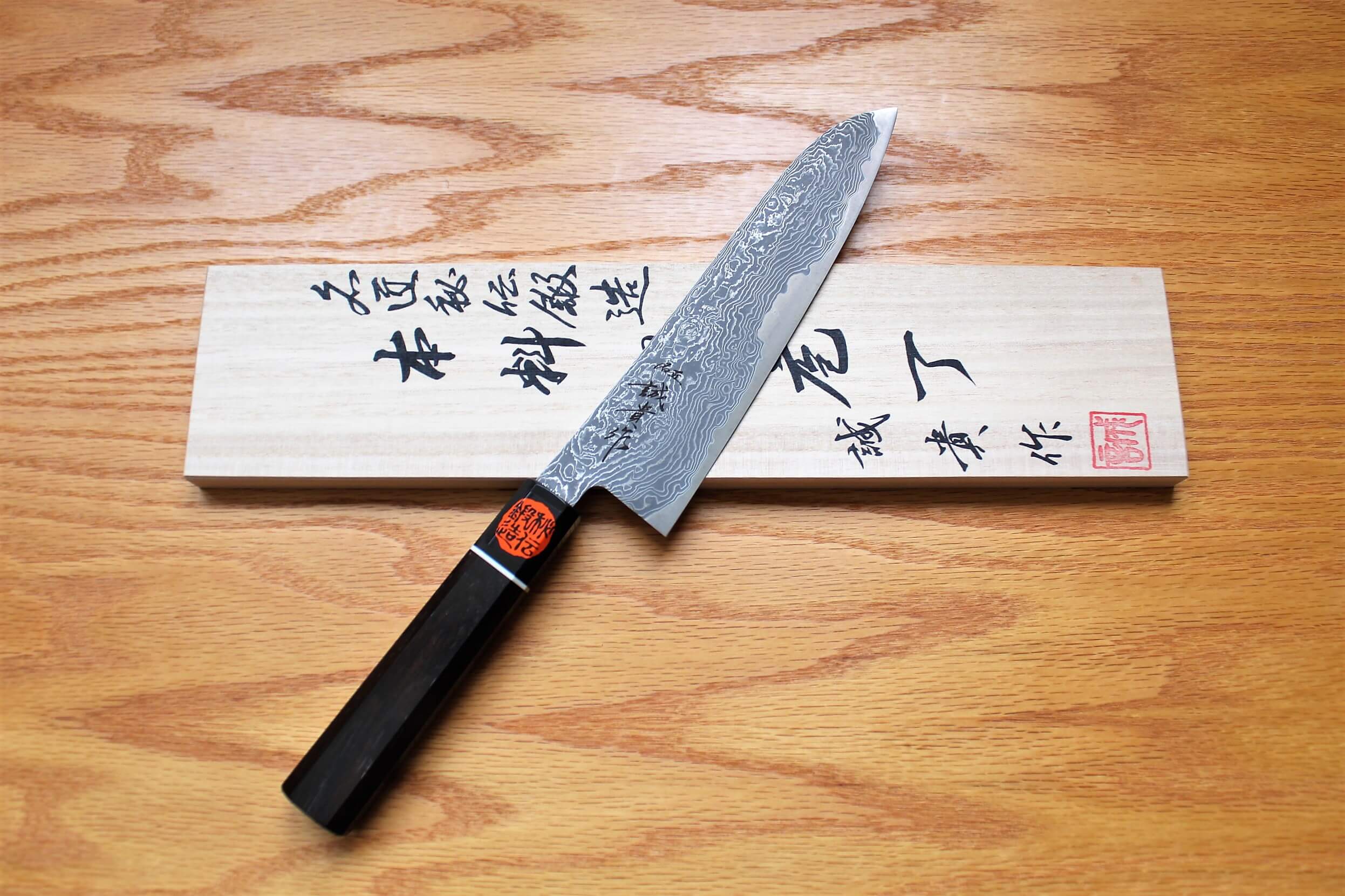 Kitchen Knives - Shigeki Tanaka Habakiri Damascus SG2 Steel Gyuto With Ebony Handle Buffalo Ferrule 180mm / 7.1"