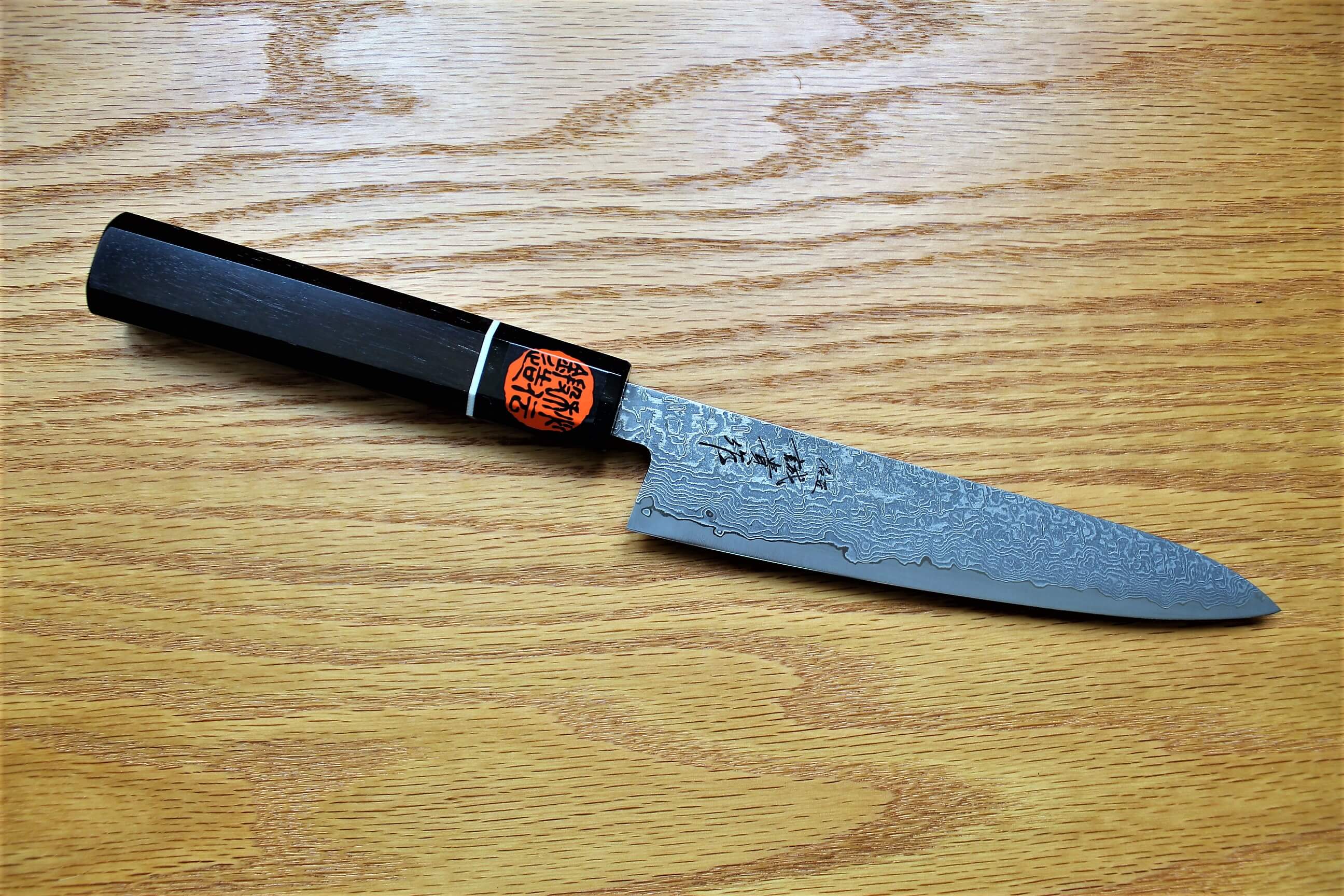 Kitchen Knives - Shigeki Tanaka Habakiri Damascus SG2 Steel Petty With Ebony Handle Buffalo Ferrule 150mm / 5.9"