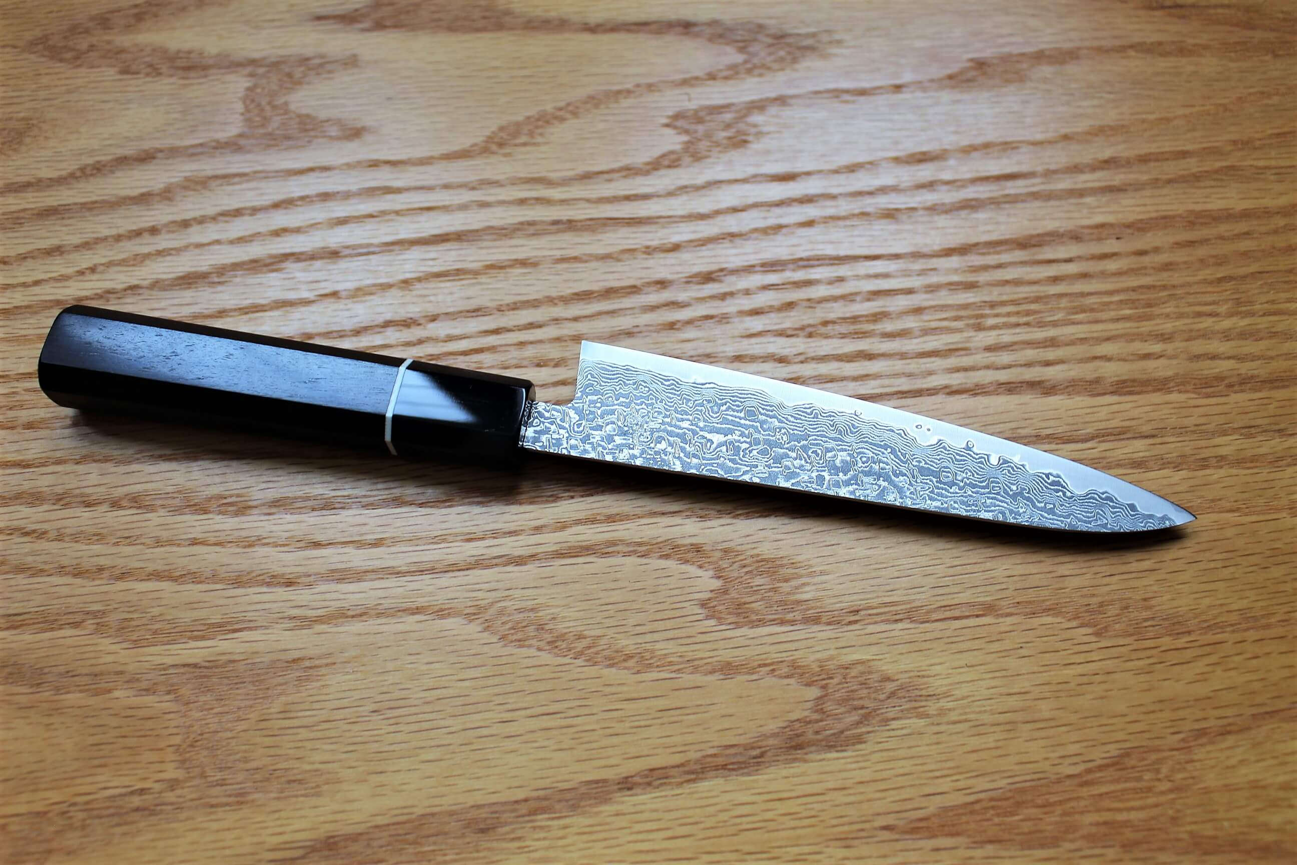 Kitchen Knives - Shigeki Tanaka Habakiri Damascus SG2 Steel Petty With Ebony Handle Buffalo Ferrule 150mm / 5.9"