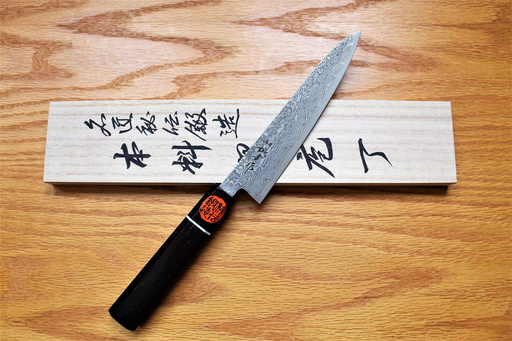 Kitchen Knives - Shigeki Tanaka Habakiri Damascus SG2 Steel Petty With Ebony Handle Buffalo Ferrule 150mm / 5.9"