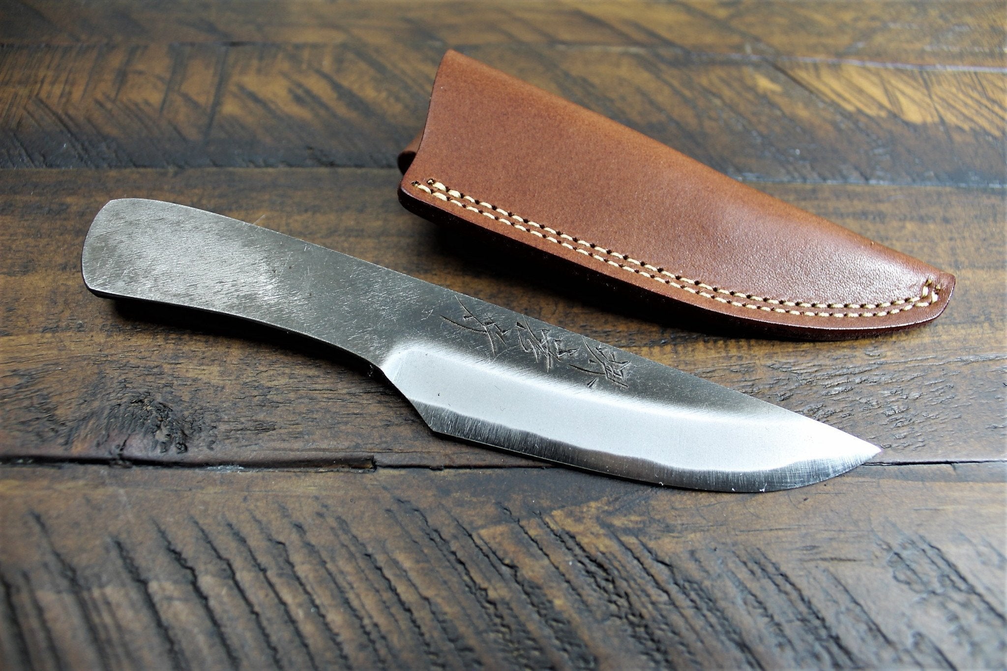 Knife - Sakai Takayuki Outdoor 80mm Knife Aoniko Blue Steel #2 With Leather Saya - Kotengu