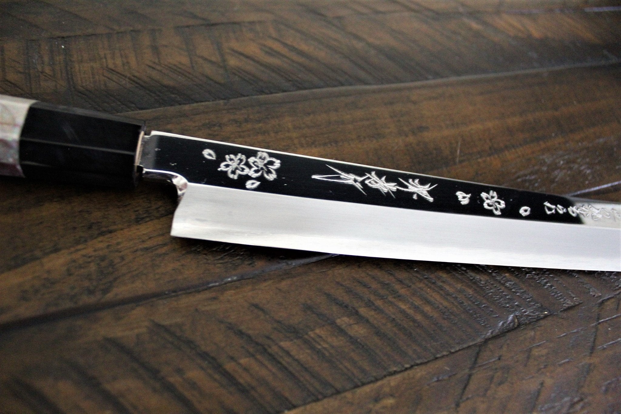 Knife - Sakai Takayuki Rinka Ginsan Silver #3 Sakimaru-Takohiki 390mm (15.4") With Decorative Handle And Saya - Cherry Blossom Engraving - Slicer