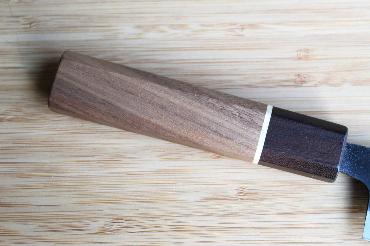 Sawakazuma Small Santoku 105mm Japanese carbon steel knife with White Steel #2 blade and Maple and Renghas wood handle