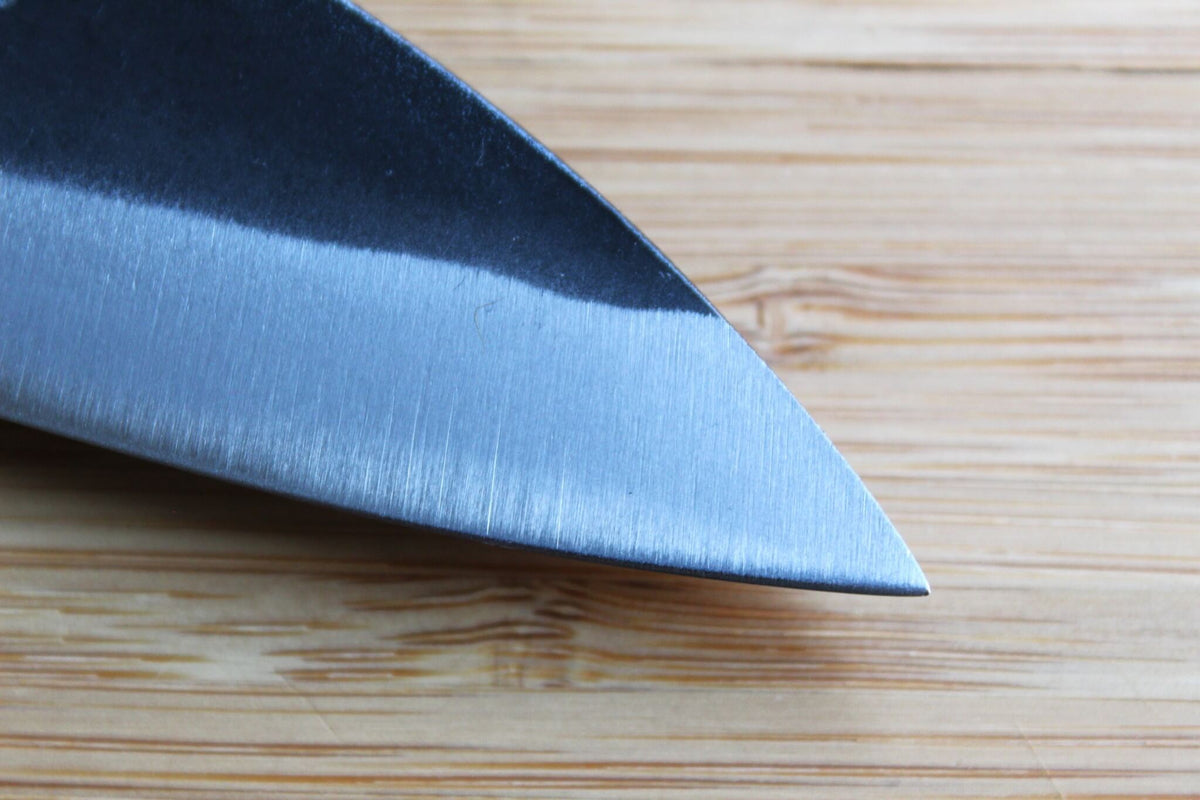 Sawakazuma Small Santoku 105mm Japanese carbon steel knife with White Steel #2 blade and Maple and Renghas wood handle