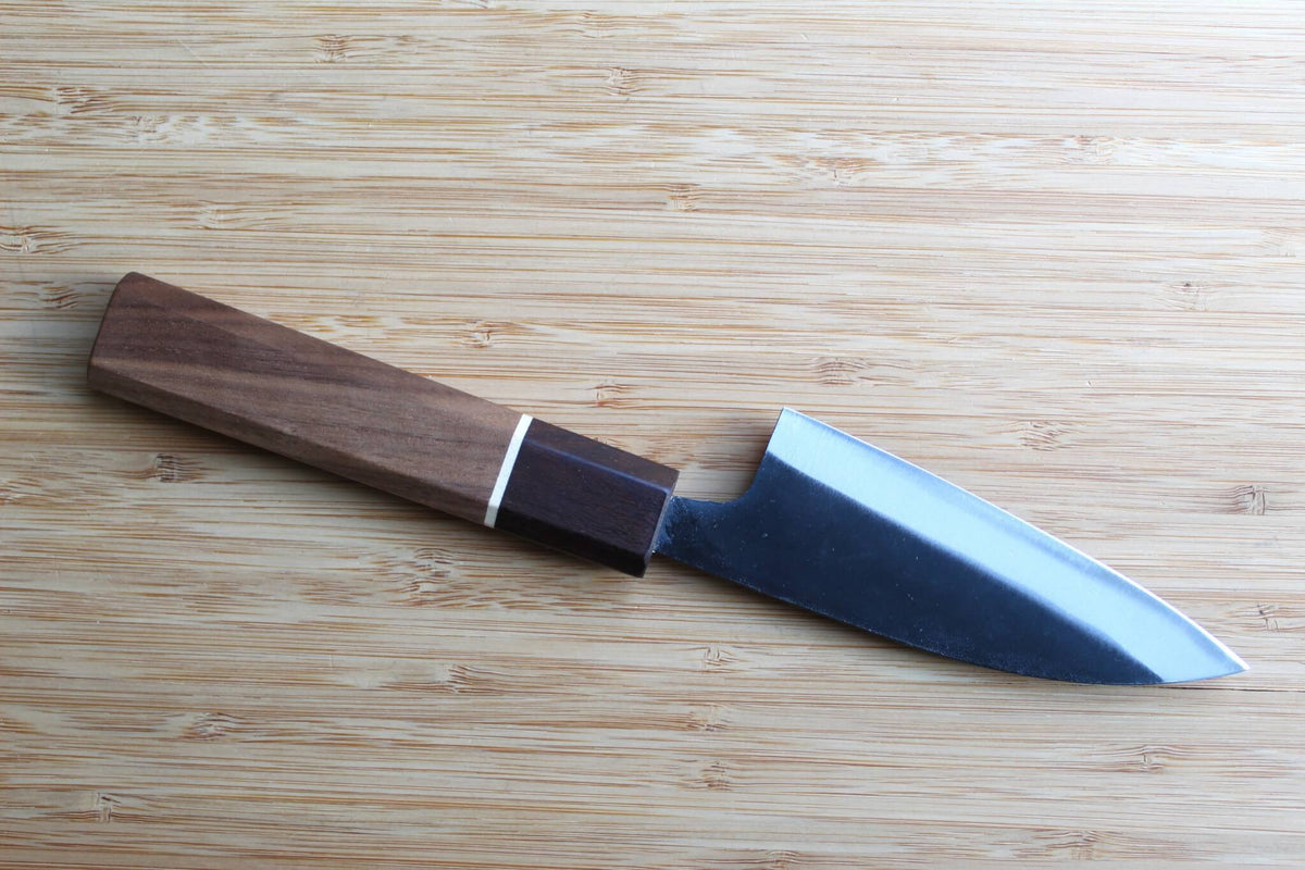 Sawakazuma Small Santoku 105mm Japanese carbon steel knife with White Steel #2 blade and Maple and Renghas wood handle