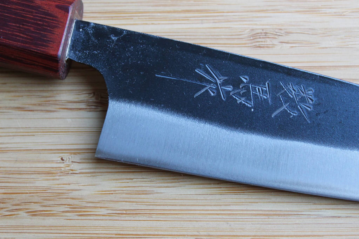 Sawakazuma Small Santoku 140mm Japanese kitchen knife with White Steel #2 blade and dual-tone Maple and Renghas wood handle
