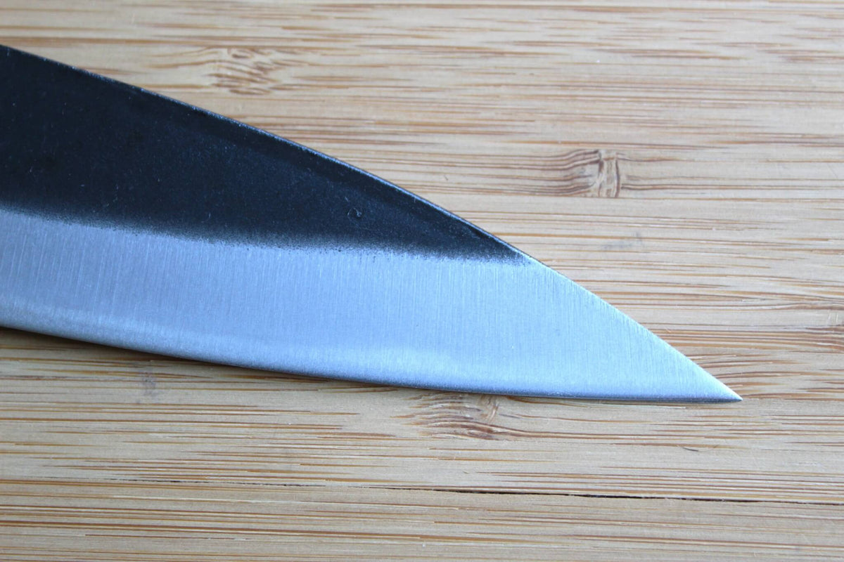 Sawakazuma Small Santoku 140mm Japanese kitchen knife with White Steel #2 blade and dual-tone Maple and Renghas wood handle