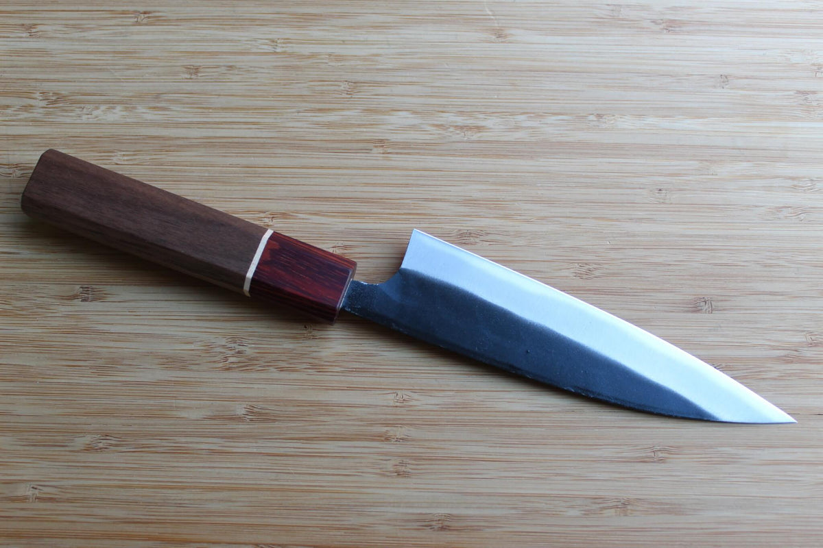 Sawakazuma Small Santoku 140mm Japanese kitchen knife with White Steel #2 blade and dual-tone Maple and Renghas wood handle