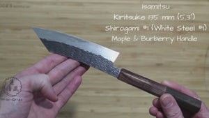 Isamitsu Shirogami #1 / White Steel #1 Kiritsuke 135 mm / 5.3" Brown Two Tone Maple and Burberry Handle