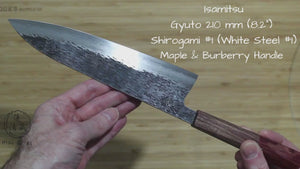 Isamitsu Shirogami #1 / White Steel #1 Gyuto 210 mm / 8.2" Brown Two Tone Maple and Burberry Handle